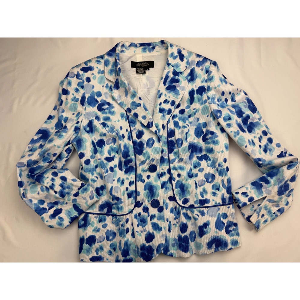 Peck & Peck Collection Blue White Watercolor Leopard Print Blazer Jacket Size 8